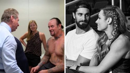 Undertaker in 'The Last Ride' (left); Seth Rollins and Becky Lynch (right)