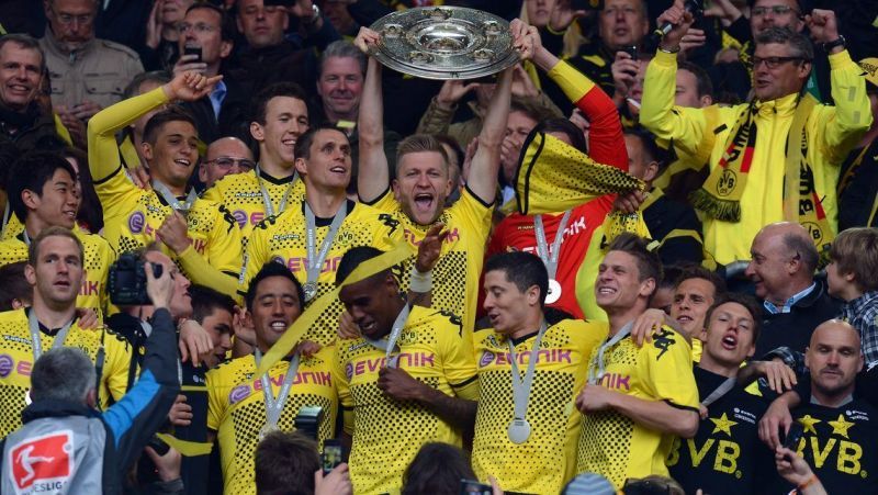Borussia Dortmund celebrate their 2011-12 Bundesliga title