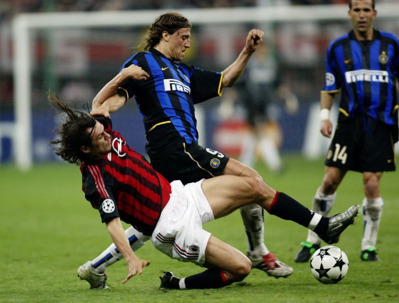 Hernan Crespo of Inter Milan and Paolo Maldini of AC Milan