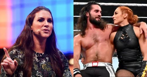 Enter caption Stephanie McMahon, Seth Rollins, and Becky Lynch.