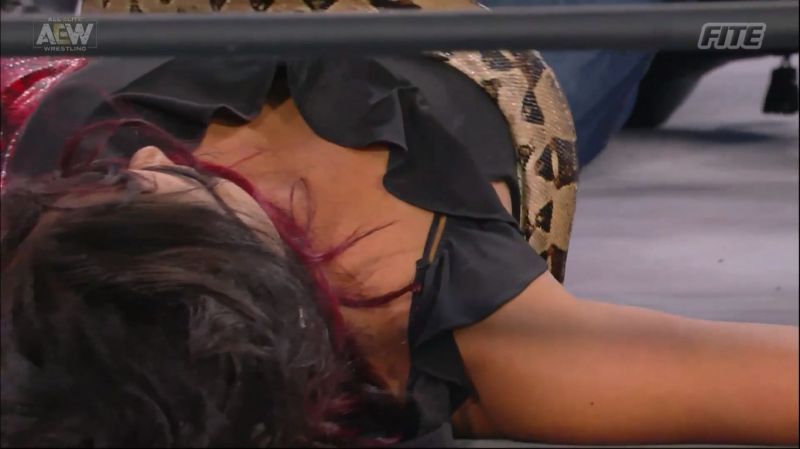 Brandi Rhodes lays prone with a python slithering over her