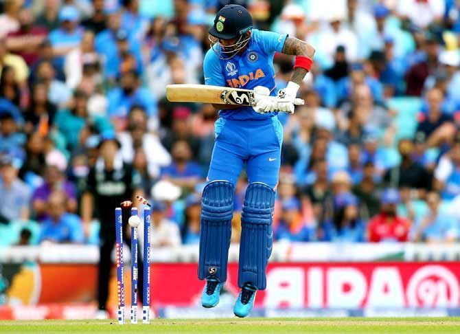 KL Rahul plays on against Trent Boult in the semi-final of the 2019 World Cup.