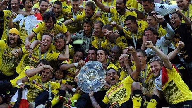 Borussia Dortmund rejoice after winning the 2010-11 Bundesliga title