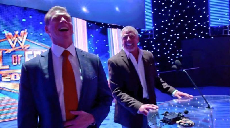 Vince McMahon and Ultimate Warrior at the latter's Hall of Fame induction ceremony