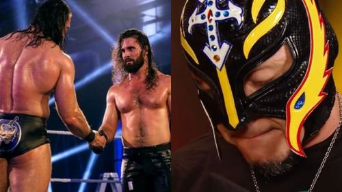 Drew McIntyre and Seth Rollins (left); Rey Mysterio (right)