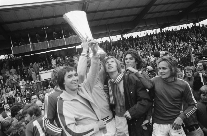 Borussia Monchengladbach rejoice with their 1974-75 Bundesliga title.