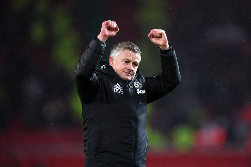 Solskjaer celebrates after winning against City in the recent Manchester Derby