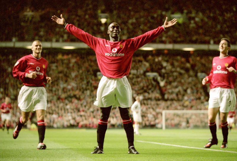 Andy Cole celebrates after leading his side to a 6-0 win