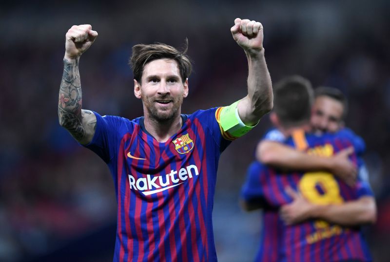 Lionel Messi celebrates after scoring a goal against Tottenham Hotspur