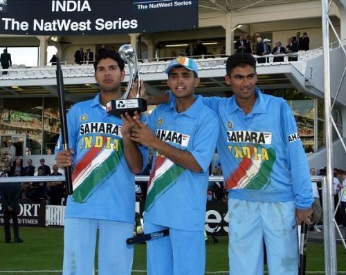 Ganguly (C) with Yuvraj Singh (L) and Mohammad Kaif (R) after winning the 2002 NatWest Trophy
