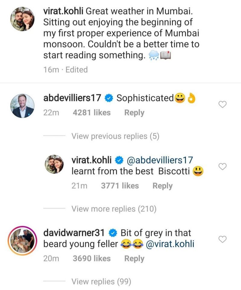 Even AB de Villiers left a comment on Virat Kohli's recent post while David Warner tried to have some fun