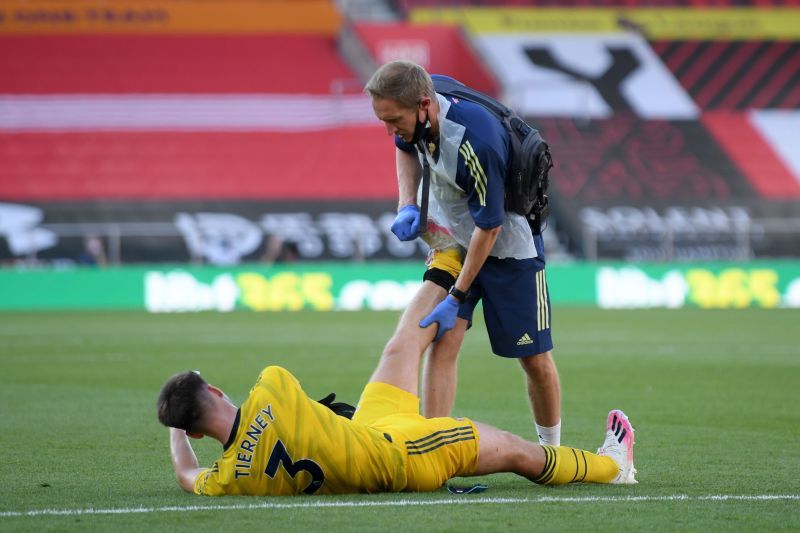 Kieran Tierney struggled with a cramp for Arsenal against Southampton