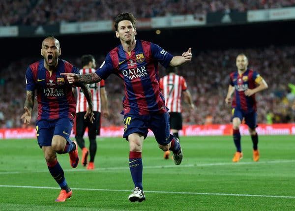 Lionel Messi exults after scoring against Athletic Bilbao.