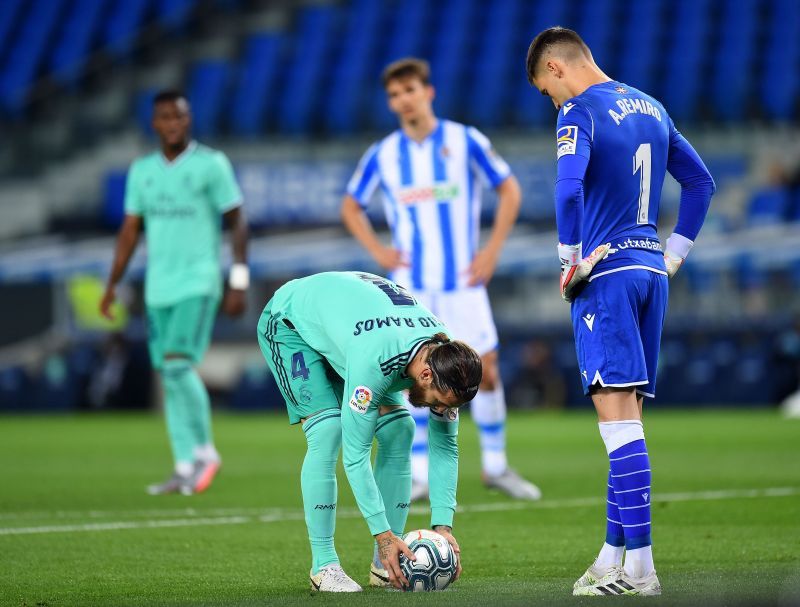 Sergio Ramos's ball skills distinguish him from other defenders. Here, he prepares to take a penalty against Real Sociedad.