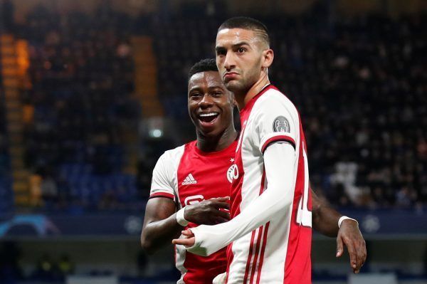 Hakim Ziyech celebrates after scoring against EPL giants Chelsea