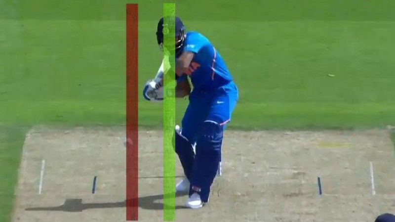 The line of the Kohli cover drive, depicted in red, versus the line of the poor man's cover drive, in green