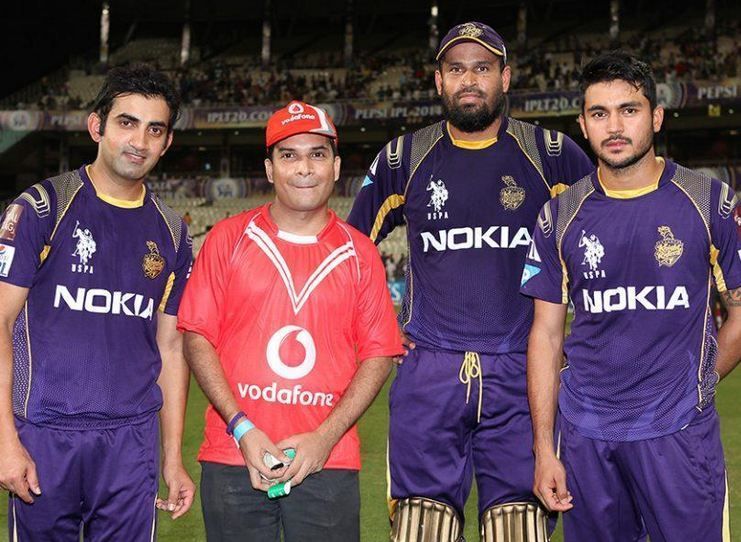KKR captain Gautam Gambhir (extreme left) along with Yusuf Pathan (second from right) and Manish Pandey (extreme right)