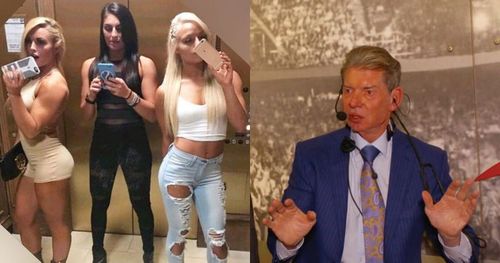 Mandy Rose, Sonya Deville, Liv Morgan and Vince McMahon.