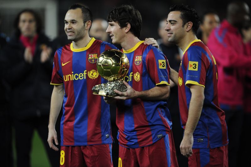 FC Barcelona legends Andres Iniesta, Lionel Messi and Xavi