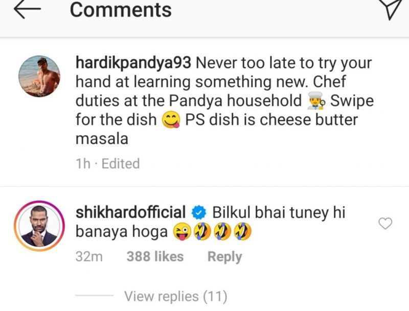 Shikhar Dhawan leaves a funny comment on Hardik Pandya's post