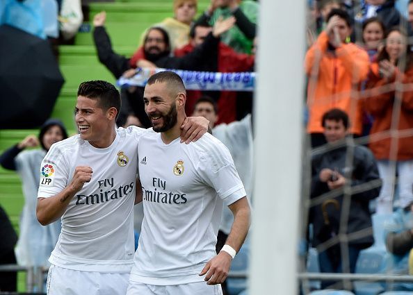 James Rodriguez (L) and Karim Benzema