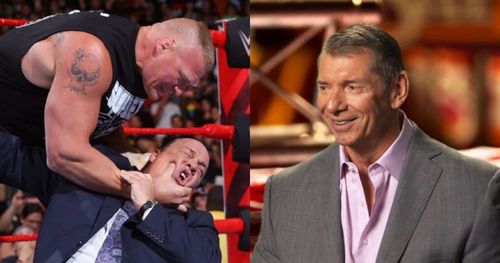 Brock Lesnar, Paul Heyman, and Vince McMahon.