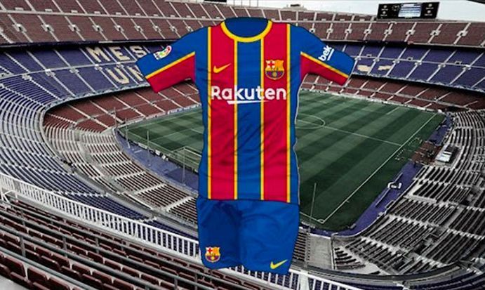 A rendered image of the full Barcelona 2020/21 home kit