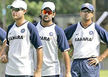 Sourav Ganguly (left), MS Dhoni (centre) and Rahul Dravid