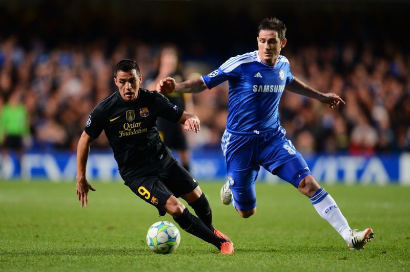 Chelsea&rsquo;s Frank Lampard (right) vies for the ball with Barcelona&rsquo;s Alexis Sanchez in the 2011-12 UEFA Champions League Semi-Final first leg at Stamford Bridge.