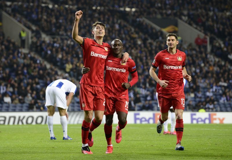 Kai Havertz celebrates scoring a goal for Leverkusen