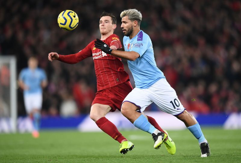 Aguero and Robertson in action during Liverpool and Manchester City&#039;s last league meeting