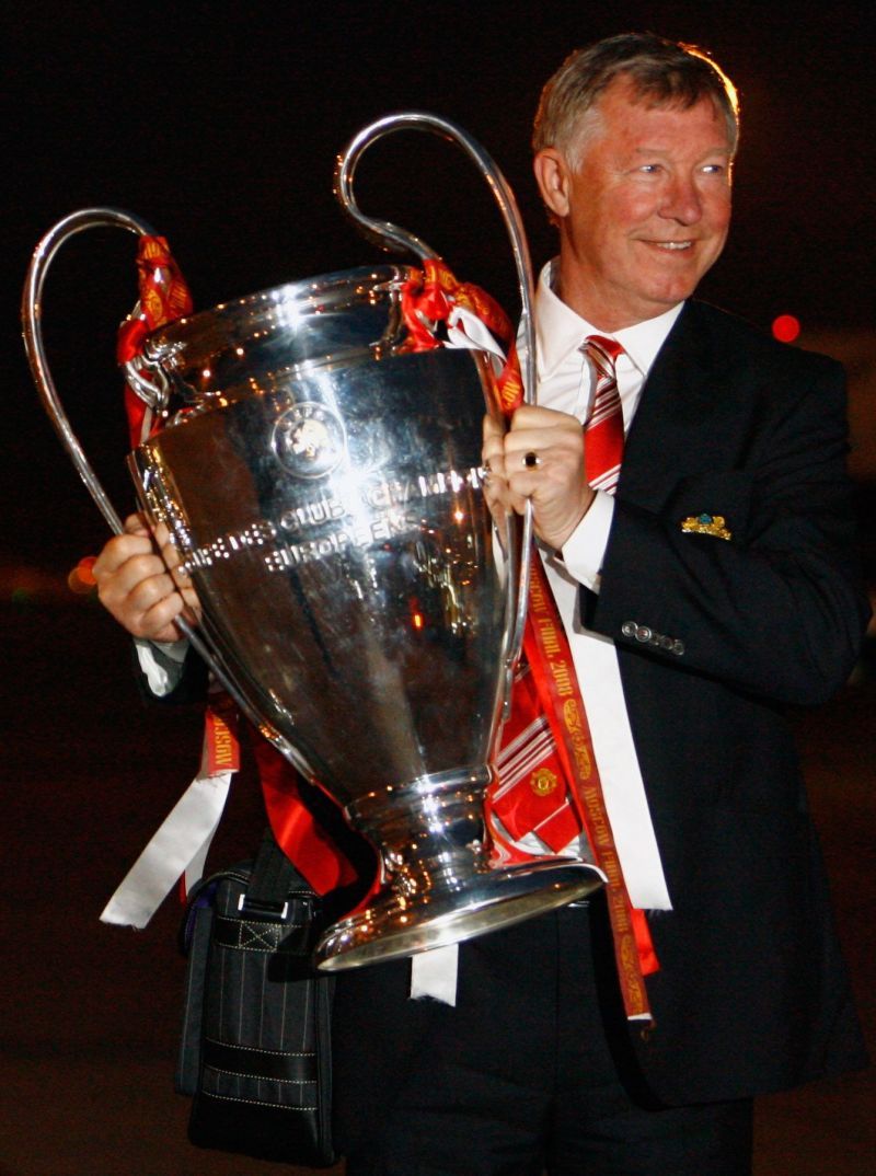 Sir Alex Ferguson with the 1998-99 Champions League trophy