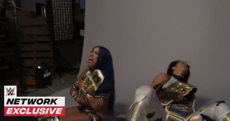 Sasha Banks and Bayley during the post-victory photoshoot.