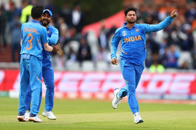 Kuldeep Yadav celebrates the wicket of Babar Azam at the cricket World Cup 2019.