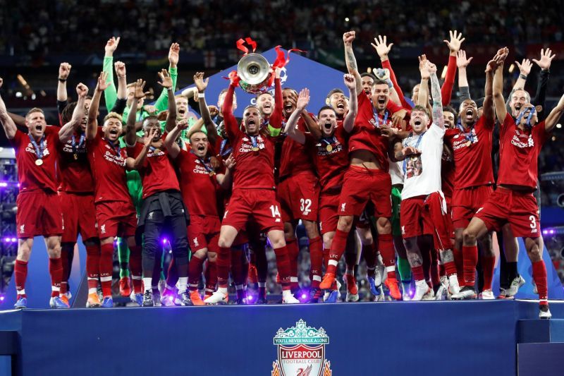 Liverpool celebrating their UCL victory in 2019 after 2-0 win against EPL rivals Spurs
