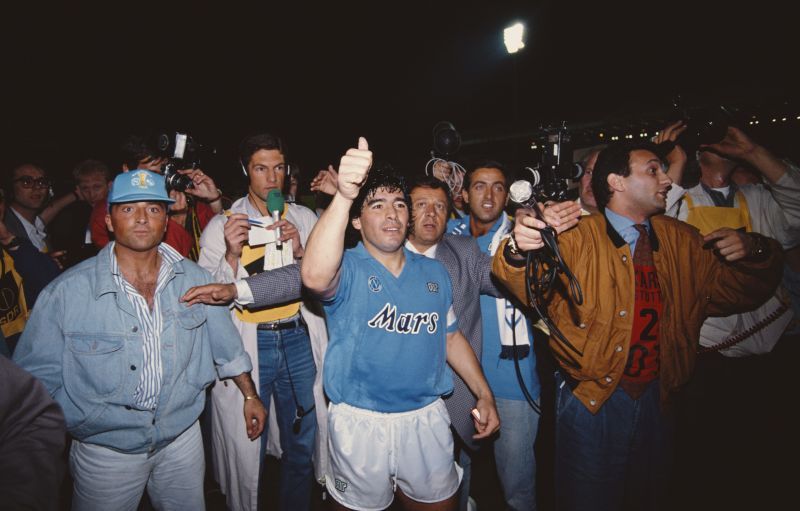 Napoli v Stuttgart UEFA Cup Final 2nd Leg 1989: Diego Maradona celebrates Napoli&#039;s victory in the UEFA Cup. His legacy at the club and in the city of Napoli remains untouchable.