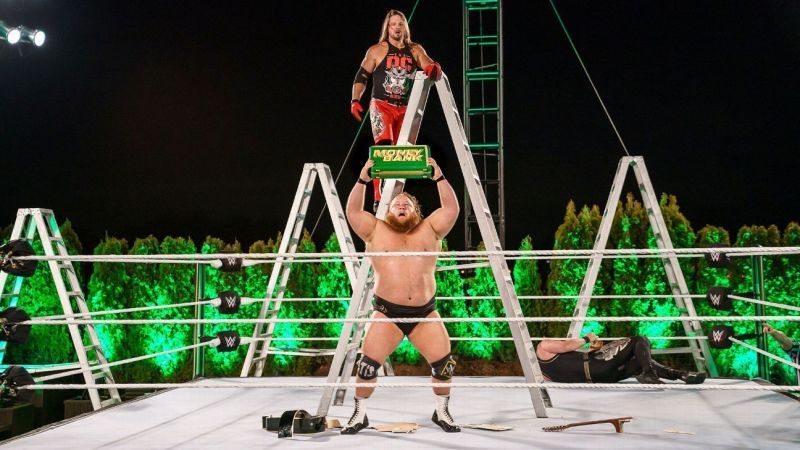 AJ Styles and Otis in the Money in the Bank Ladder Match