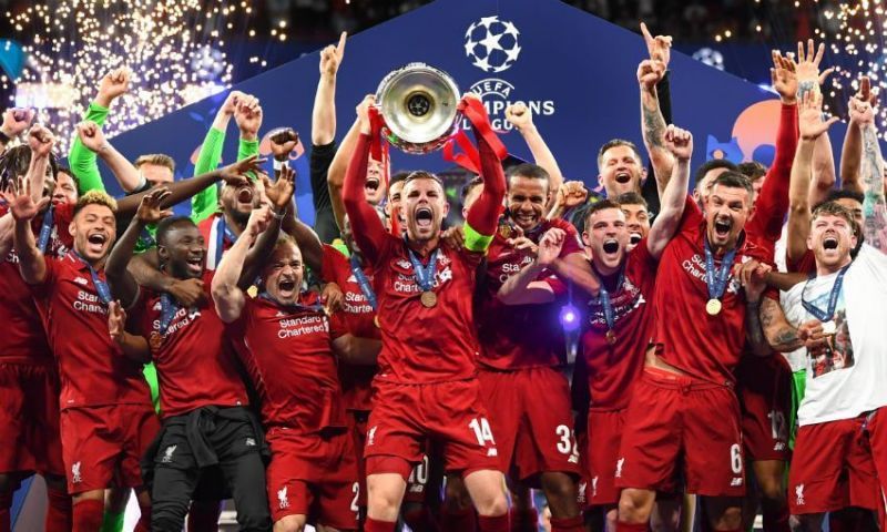 Liverpool celebrate their 2018-19 Champions League title.