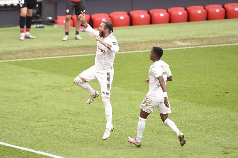 Real Madrid's Rodrygo celebrates with Ramos after his winner, just before the Brazilian was replaced