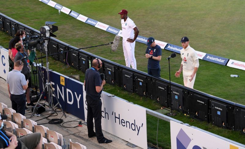 Jason Holder and Ben Stokes during the post-match press conference