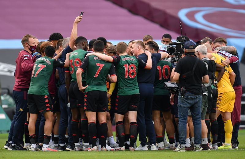 Aston Villa celebrating survival on the final day of the 2019-20 EPL season