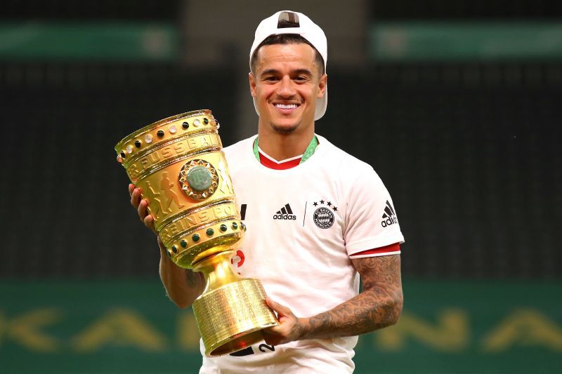 FC Bayern Muenchen man Philippe Coutinho celebrates winning the DFB Cup Final