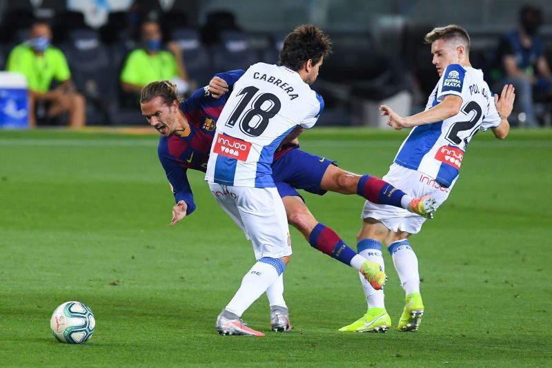 Lozano (far right, no.26) flattered to deceive against Barcelona before his second-half sending off here