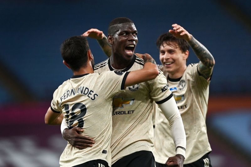 Bruno Fernandes and Paul Pogba celebrate a goal for Manchester United