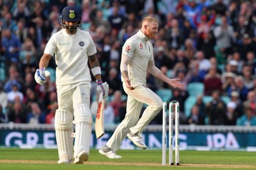 Ben Stokes celebrates after dismissing Indian cricket team captain Virat Kohli