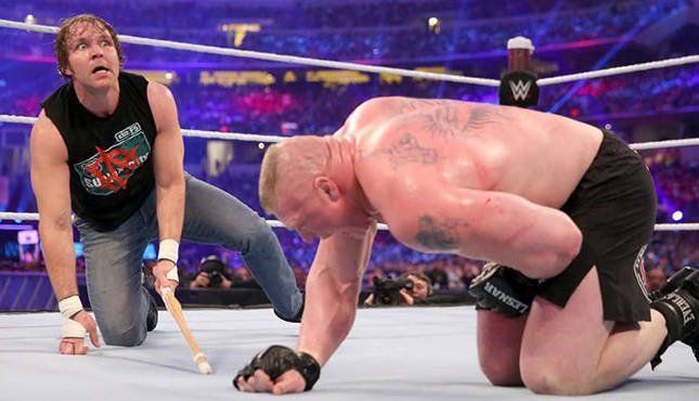 Dean Ambrose and Brock Lesnar at WrestleMania 32