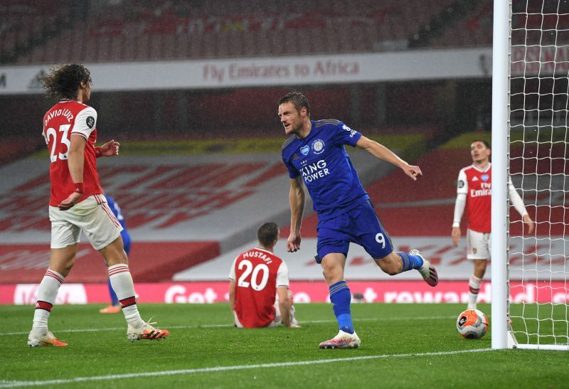 Jamie Vardy celebrates a goal for Leicester City