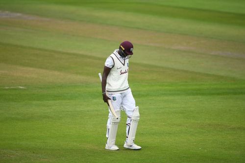 West Indies' skipper Jason Holder trudges back to the pavilion after being dismissed.