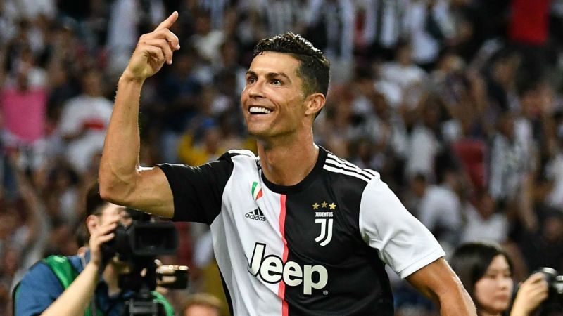 Cristiano Ronaldo rejoices after scoring a Champions League goal for Juventus.