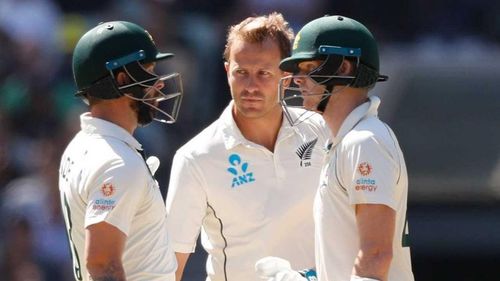 Matthew Wade, Neil Wagner and Steve Smith during the 2019/20 Trans-Tasman Trophy